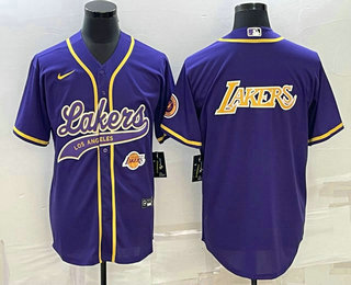Men%27s Los Angeles Lakers Purple Big Logo With Patch Cool Base Stitched Baseball Jerseys